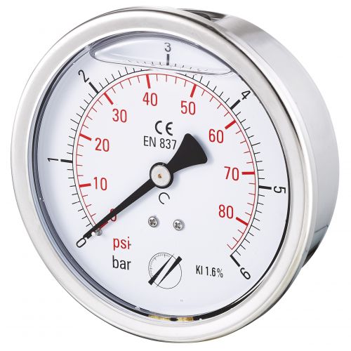 Manomètre glycériné boîtier inox Ø100, raccord arrière 1/2"G