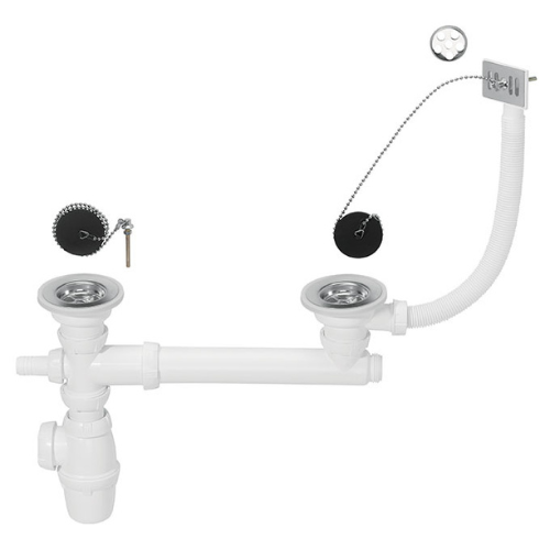 Ensemble complet pour &eacute;vier 2 bacs &Oslash;60 mm (gr&egrave;s ou synth&egrave;se) - Wirquin